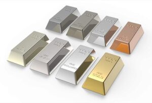 Precious metals bars of gold,, silver, platinum, copper and more